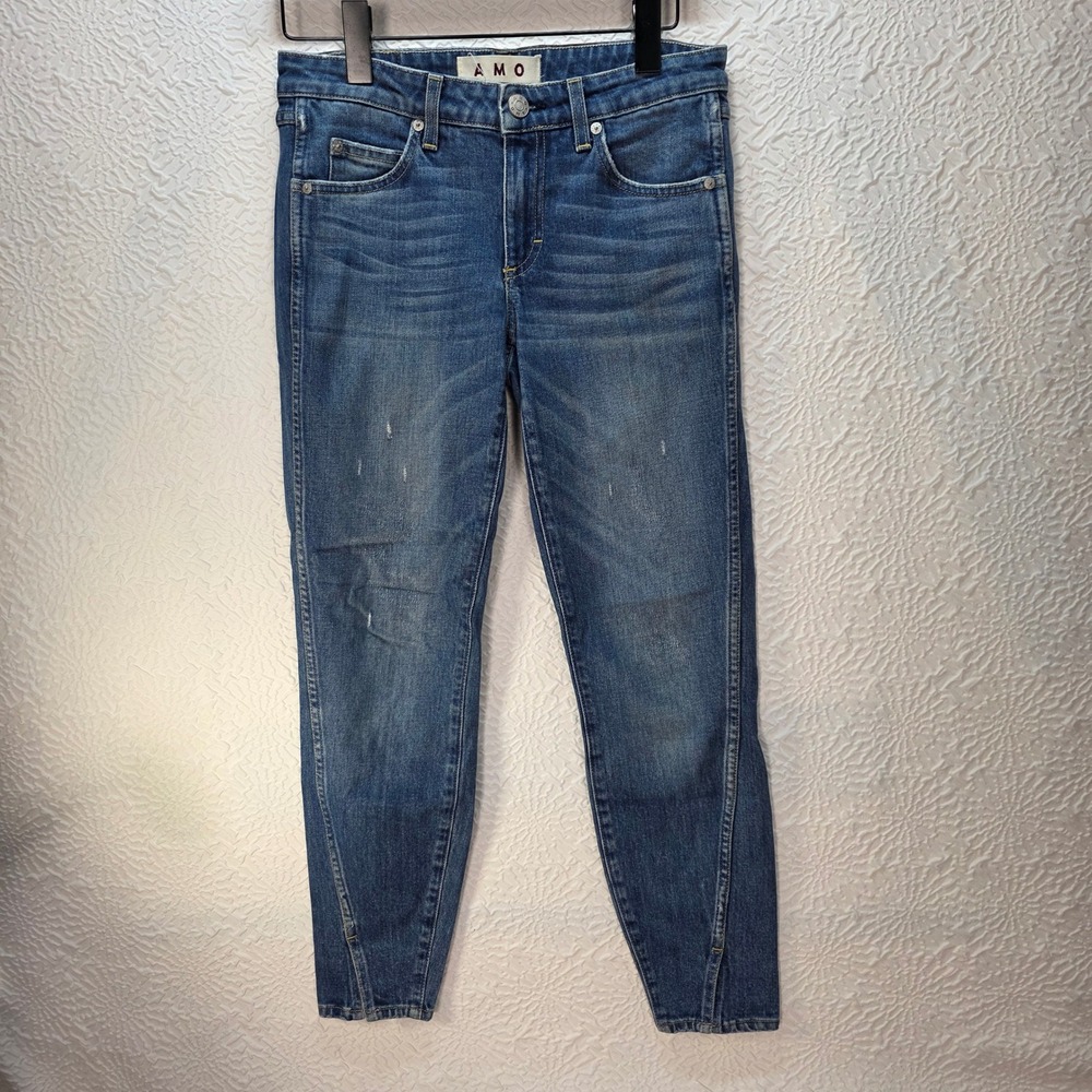 AMO Twist Dive Bar Skinny Jeans Medium Wash Distressed Twisted Seam Size 27